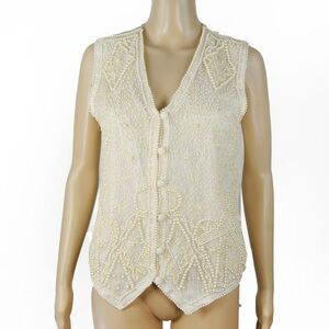 NWT Vintage 90s 90s White Pearl Beaded Floral Embroidered Silk Vest